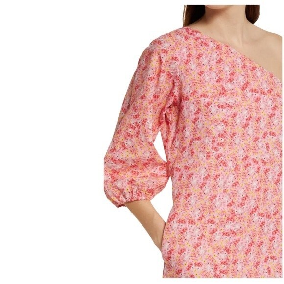 Something Navy Mini Floral One-Shoulder Linen & Cotton Dress Size M - Picture 3 of 11